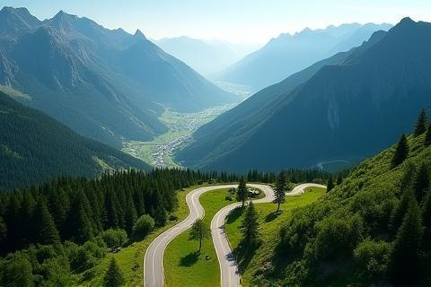 Aerial view of Swiss winding road through mountains