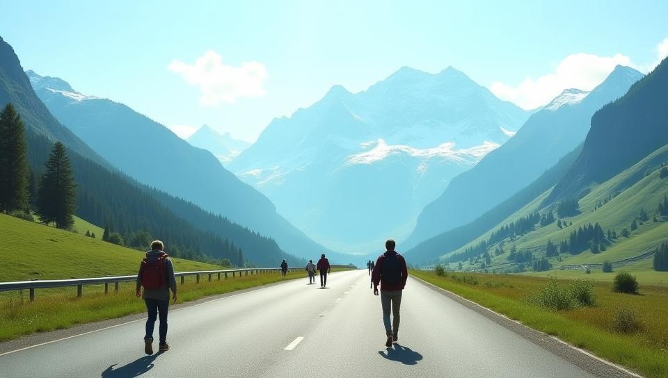 Travelers exploring a scenic Swiss highway with mountains in background