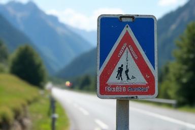 Swiss road sign closeup on scenic road