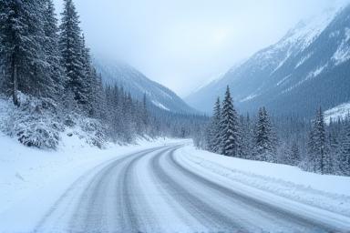 Snow-covered Swiss mountain road